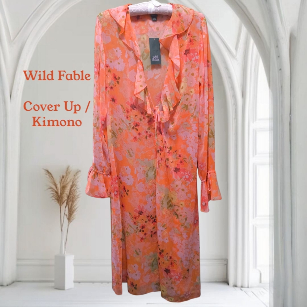 Wild Fable Orange Floral Maxi Kimono Cover-Up
